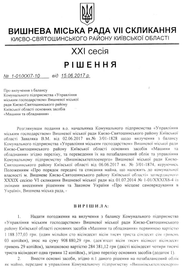 РІШЕННЯ ХХI СЕСІЇ VIІ СКЛИКАННЯ від 15.06.2017 року